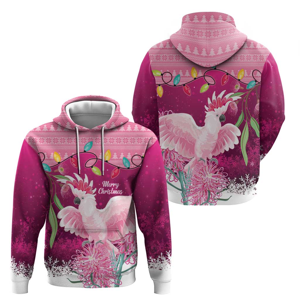 Pink Cockatoo Australia Christmas Hoodie Grevillea Eucalyptus Blossoms - Aussie Hoodie