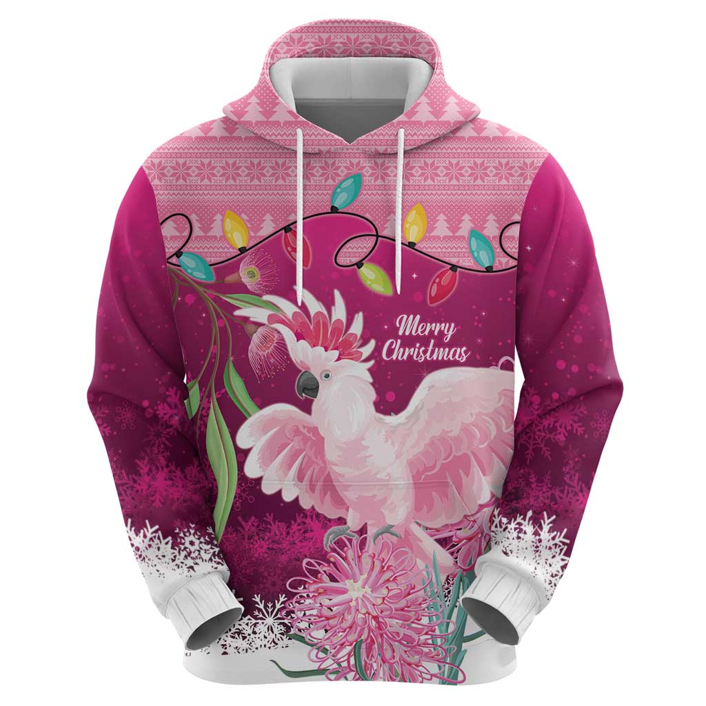 Pink Cockatoo Australia Christmas Hoodie Grevillea Eucalyptus Blossoms - Aussie Hoodie