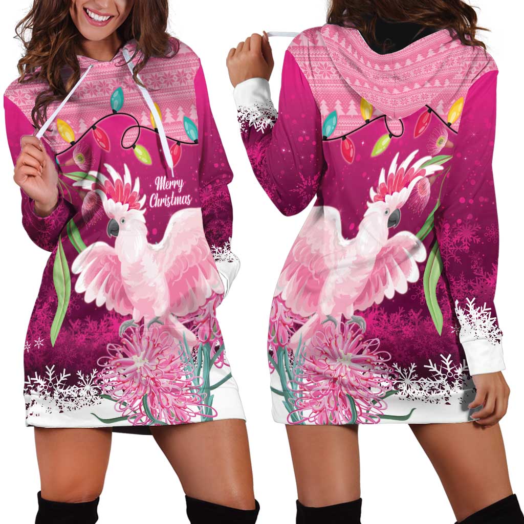Pink Cockatoo Australia Christmas Hoodie Dress Grevillea Eucalyptus Blossoms - Aussie Hoodie