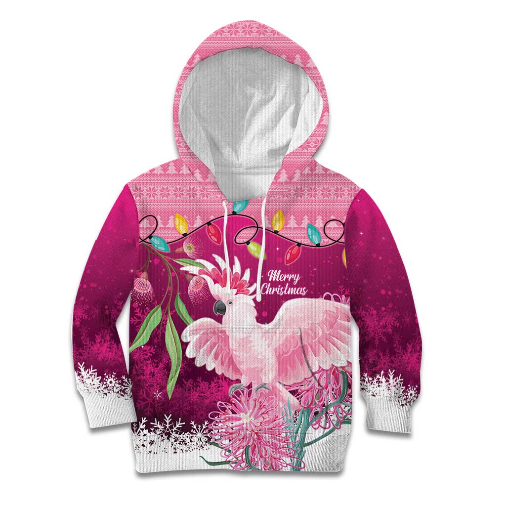 Pink Cockatoo Australia Christmas Kid Hoodie Grevillea Eucalyptus Blossoms - Aussie Hoodie