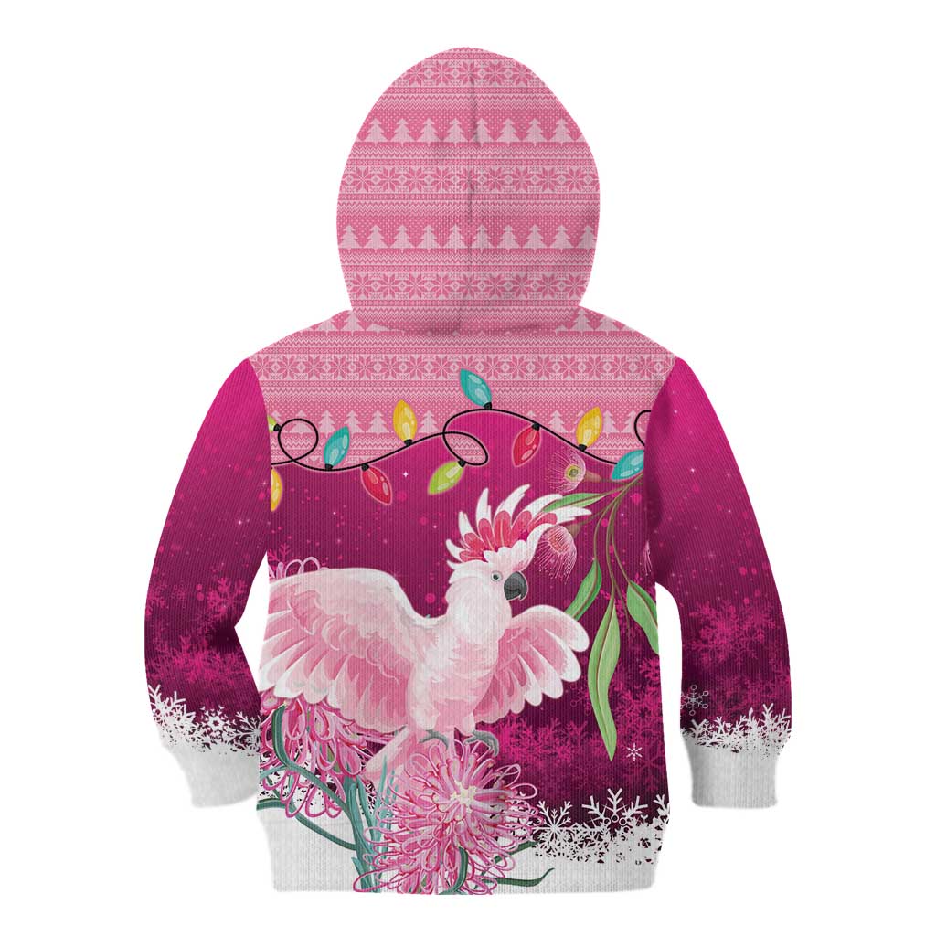 Pink Cockatoo Australia Christmas Kid Hoodie Grevillea Eucalyptus Blossoms - Aussie Hoodie