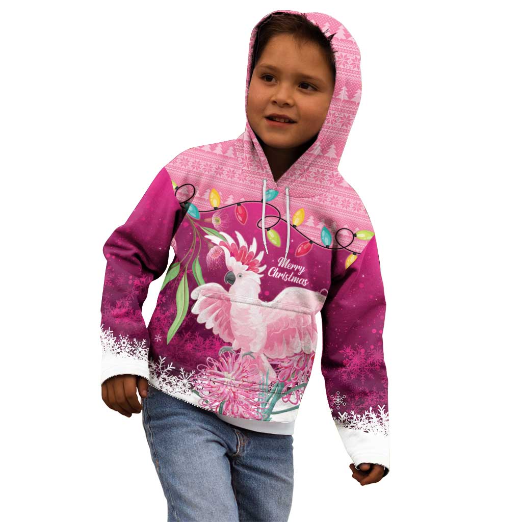 Pink Cockatoo Australia Christmas Kid Hoodie Grevillea Eucalyptus Blossoms - Aussie Hoodie