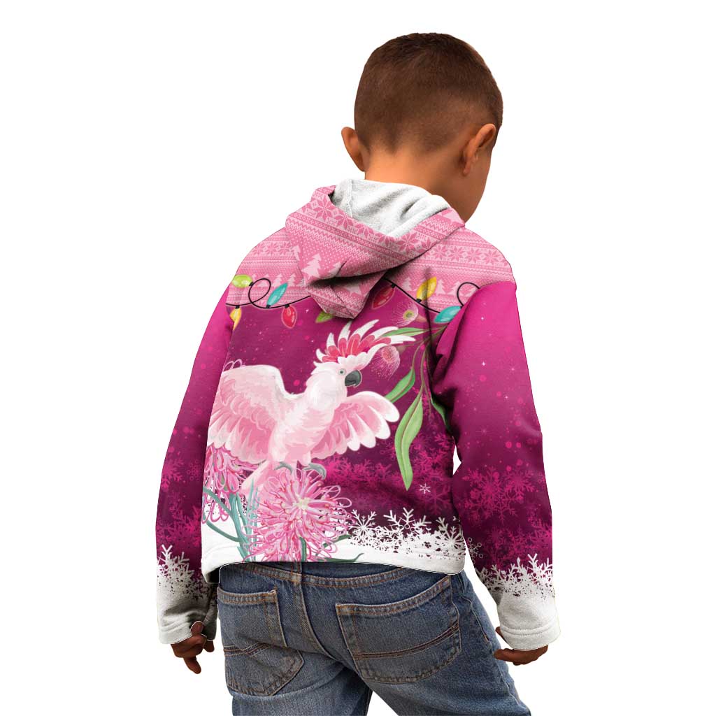 Pink Cockatoo Australia Christmas Kid Hoodie Grevillea Eucalyptus Blossoms - Aussie Hoodie