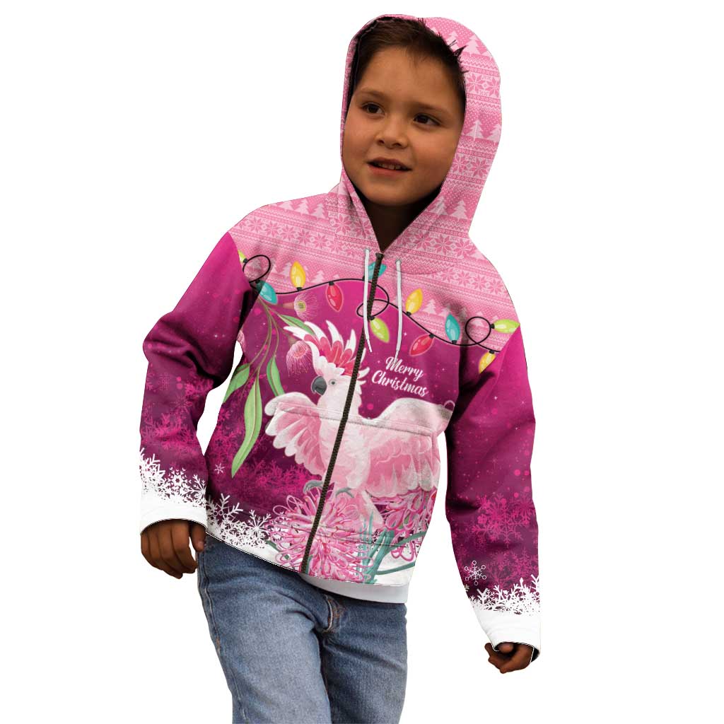 Pink Cockatoo Australia Christmas Kid Hoodie Grevillea Eucalyptus Blossoms - Aussie Hoodie