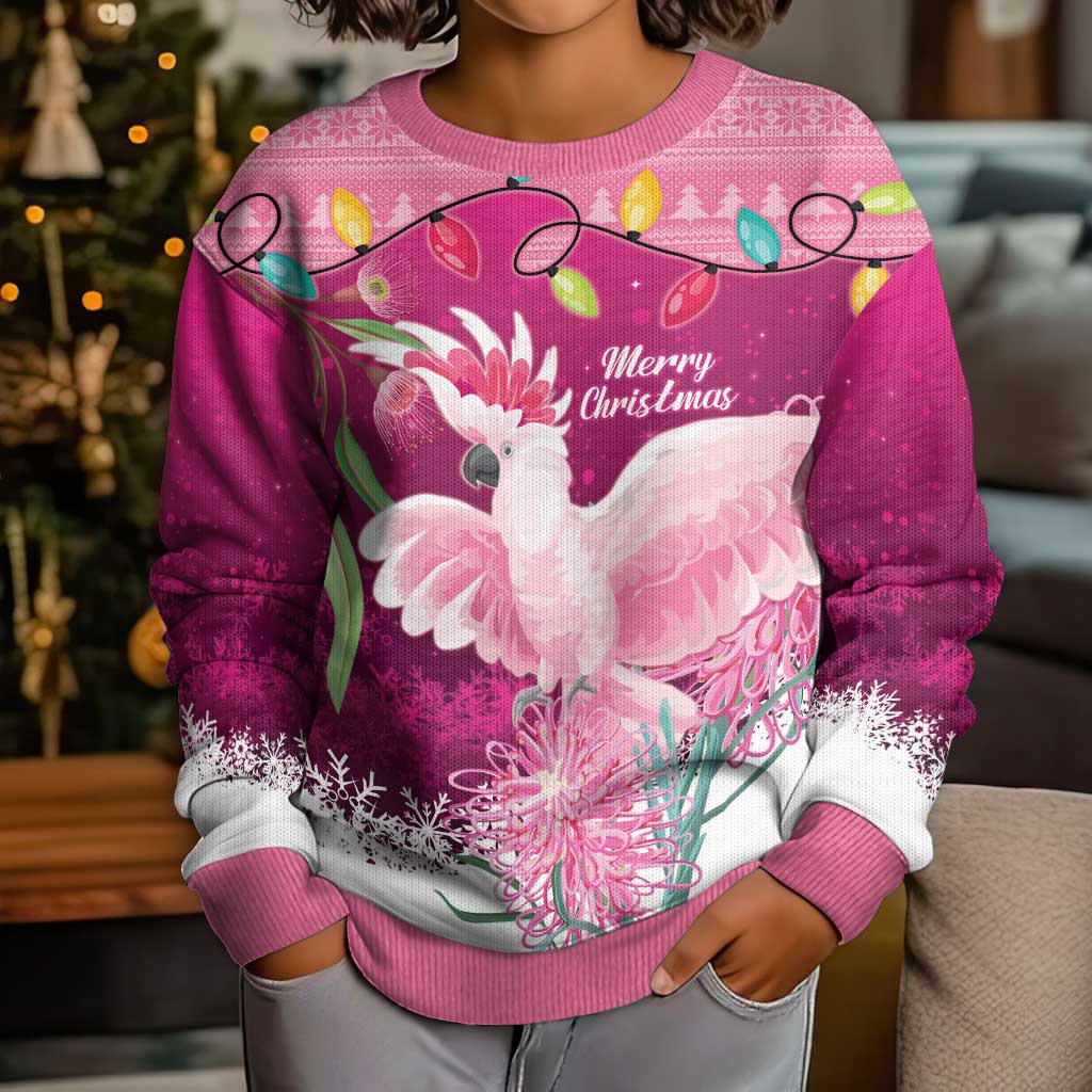 Pink Cockatoo Australia Christmas Kid Ugly Christmas Sweater Grevillea Eucalyptus Blossoms - Aussie Hoodie