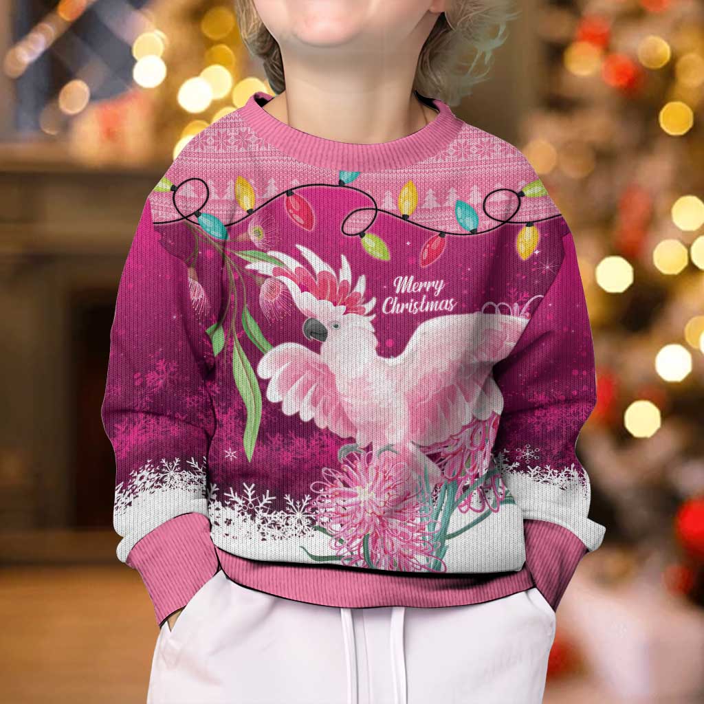 Pink Cockatoo Australia Christmas Kid Ugly Christmas Sweater Grevillea Eucalyptus Blossoms - Aussie Hoodie