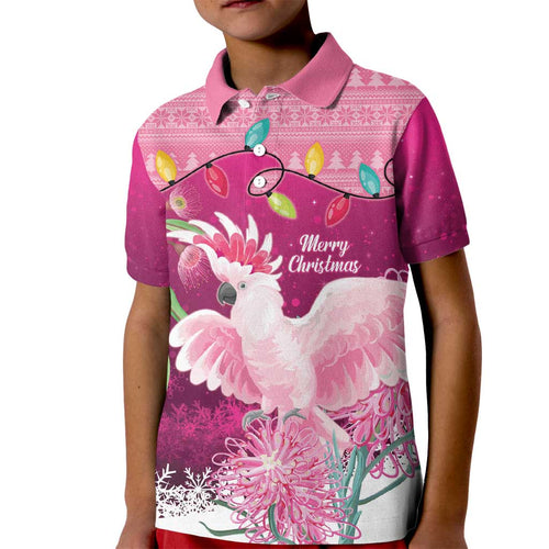 Pink Cockatoo Australia Christmas Kid Polo Shirt Grevillea Eucalyptus Blossoms - Aussie Hoodie
