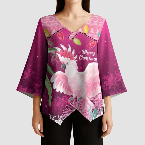 Pink Cockatoo Australia Christmas Kimono Sleeve Blouse Grevillea Eucalyptus Blossoms - Aussie Hoodie