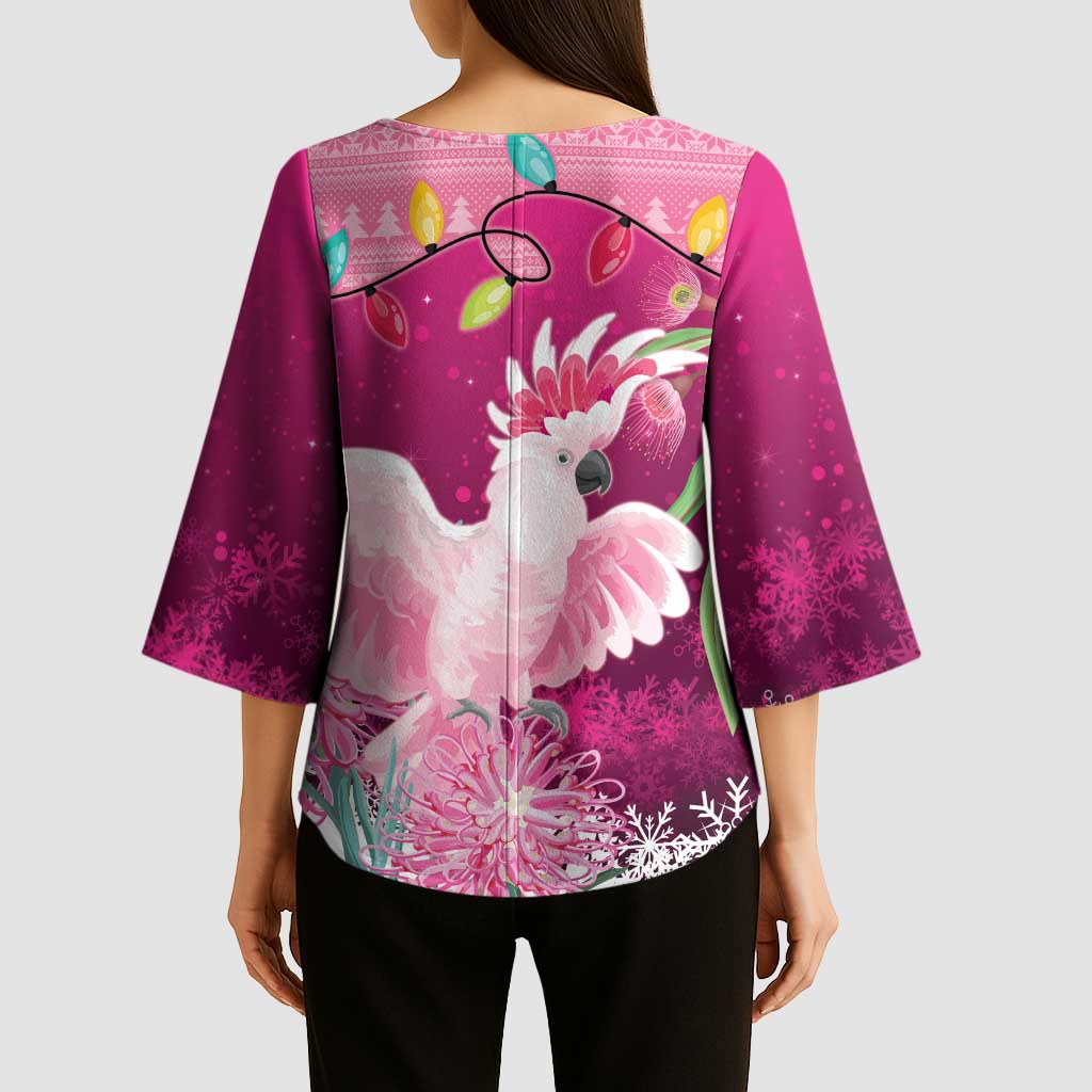 Pink Cockatoo Australia Christmas Kimono Sleeve Blouse Grevillea Eucalyptus Blossoms - Aussie Hoodie