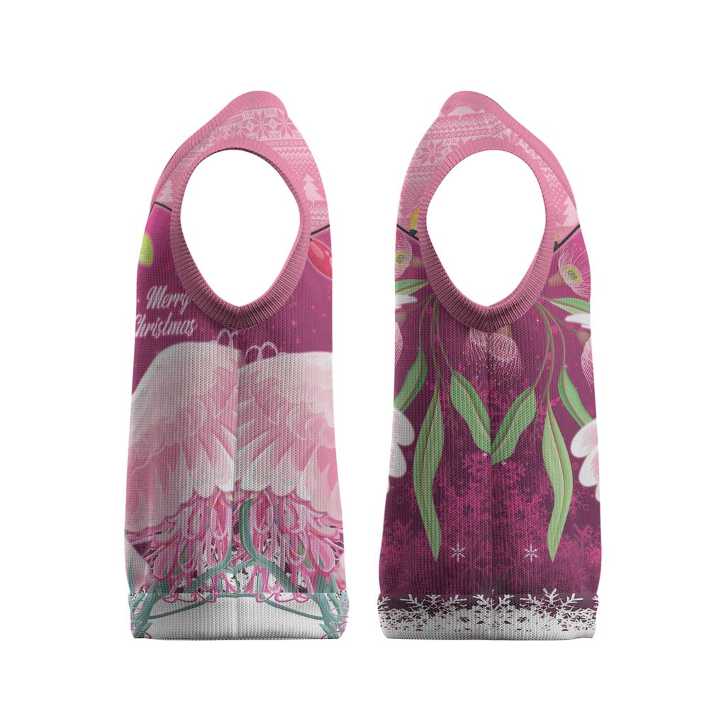 Pink Cockatoo Australia Christmas Knitted V-Neck Vest Grevillea Eucalyptus Blossoms - Aussie Hoodie