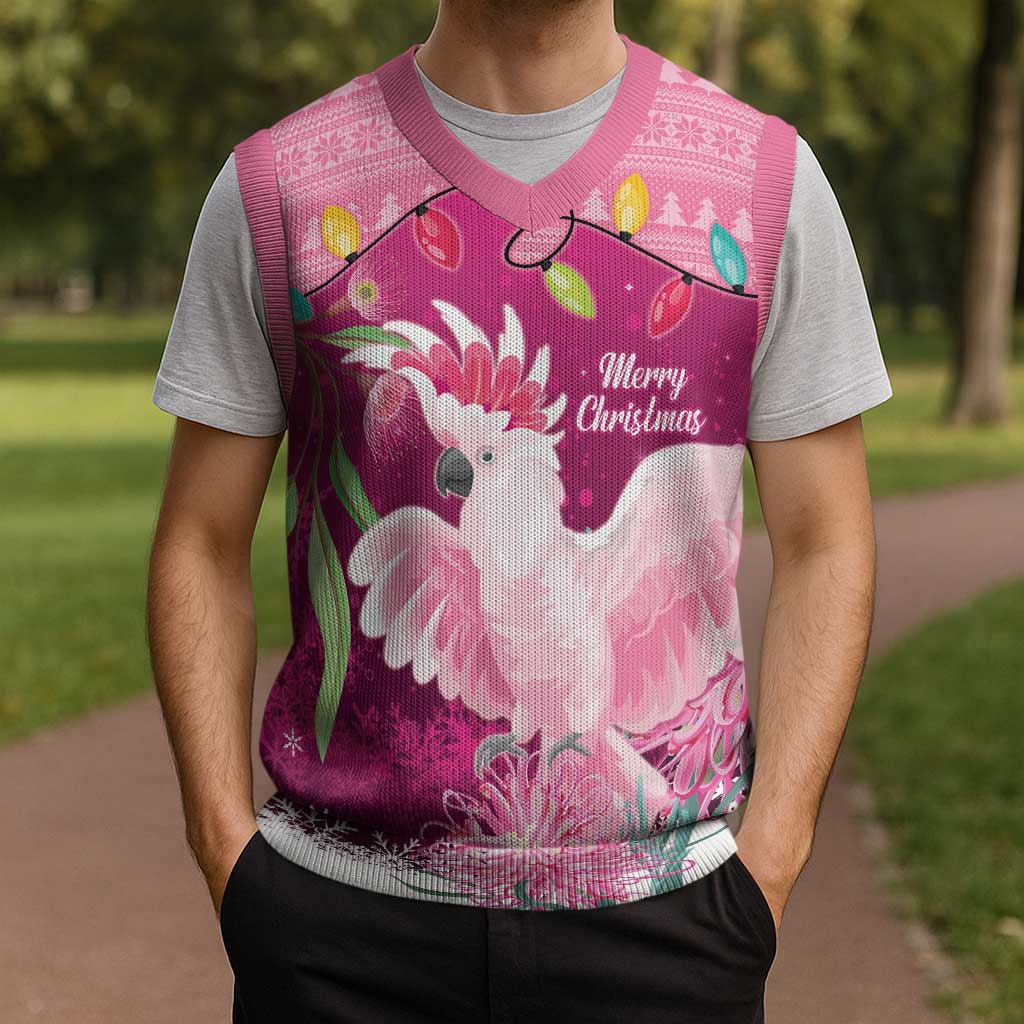 Pink Cockatoo Australia Christmas Knitted V-Neck Vest Grevillea Eucalyptus Blossoms - Aussie Hoodie