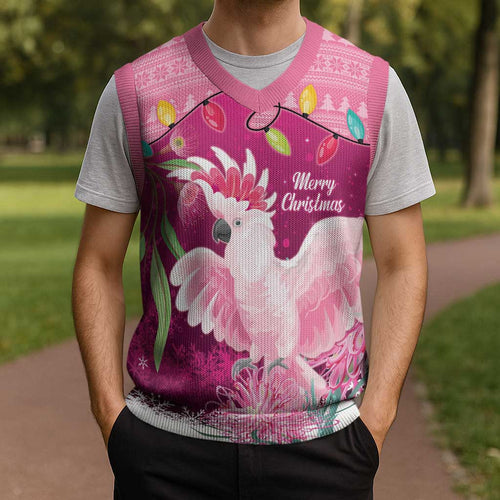 Pink Cockatoo Australia Christmas Knitted V-Neck Vest Grevillea Eucalyptus Blossoms - Aussie Hoodie