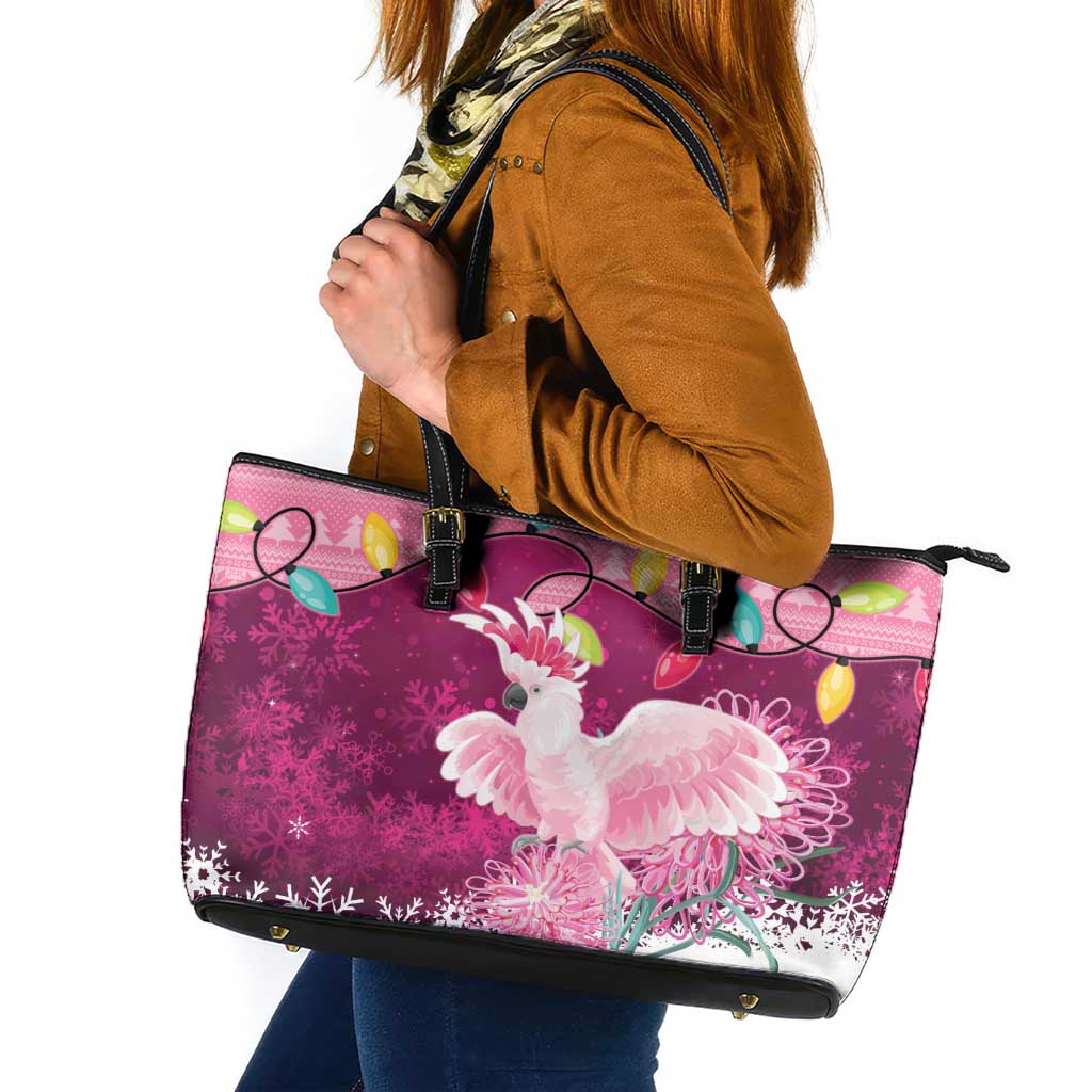 Pink Cockatoo Australia Christmas Leather Tote Bag Grevillea Eucalyptus Blossoms - Aussie Hoodie