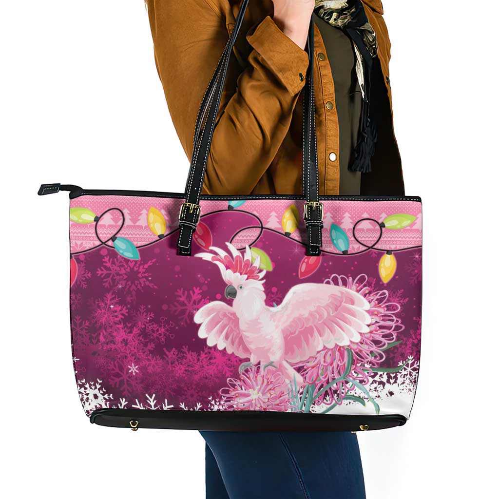 Pink Cockatoo Australia Christmas Leather Tote Bag Grevillea Eucalyptus Blossoms - Aussie Hoodie