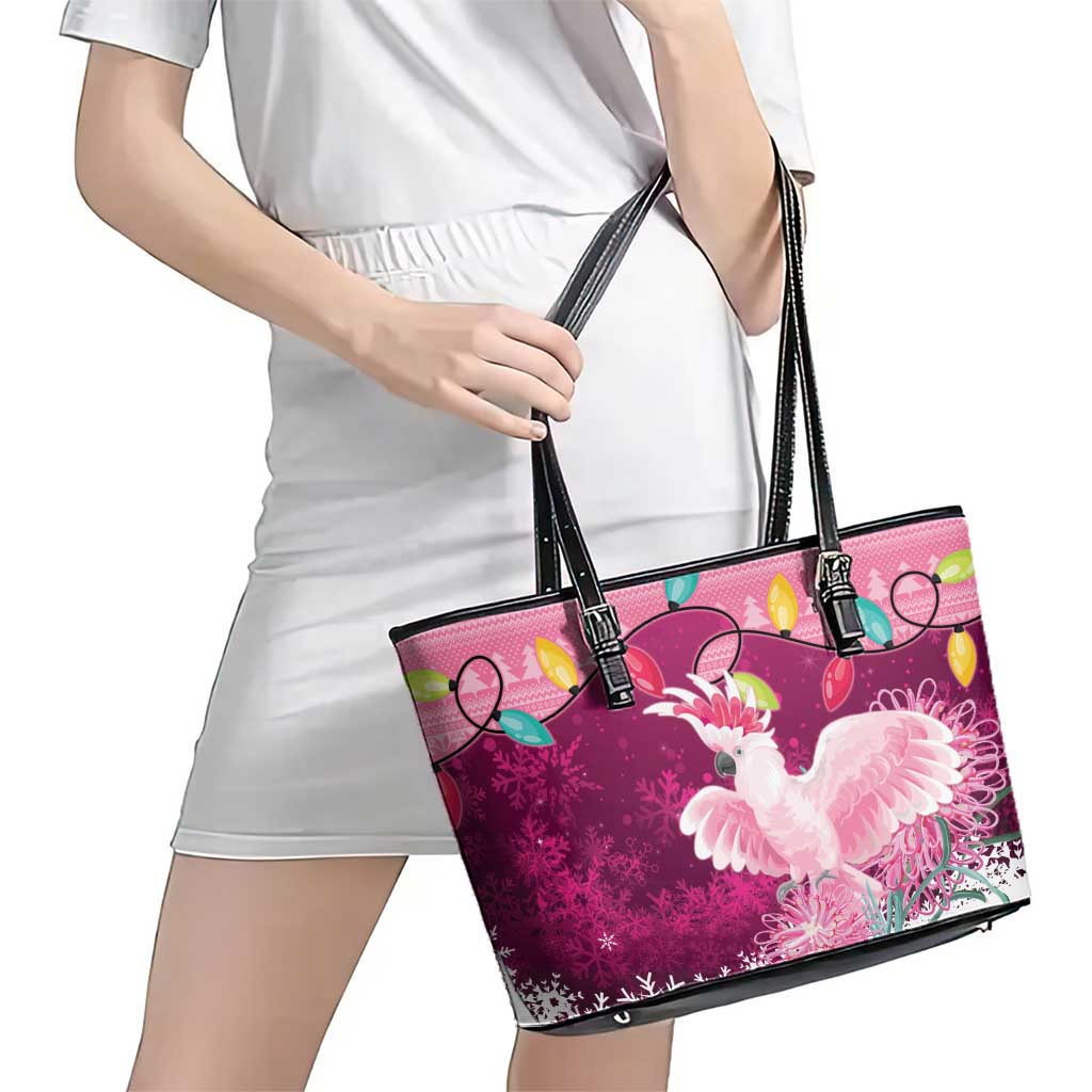 Pink Cockatoo Australia Christmas Leather Tote Bag Grevillea Eucalyptus Blossoms - Aussie Hoodie