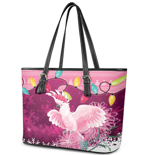 Pink Cockatoo Australia Christmas Leather Tote Bag Grevillea Eucalyptus Blossoms - Aussie Hoodie