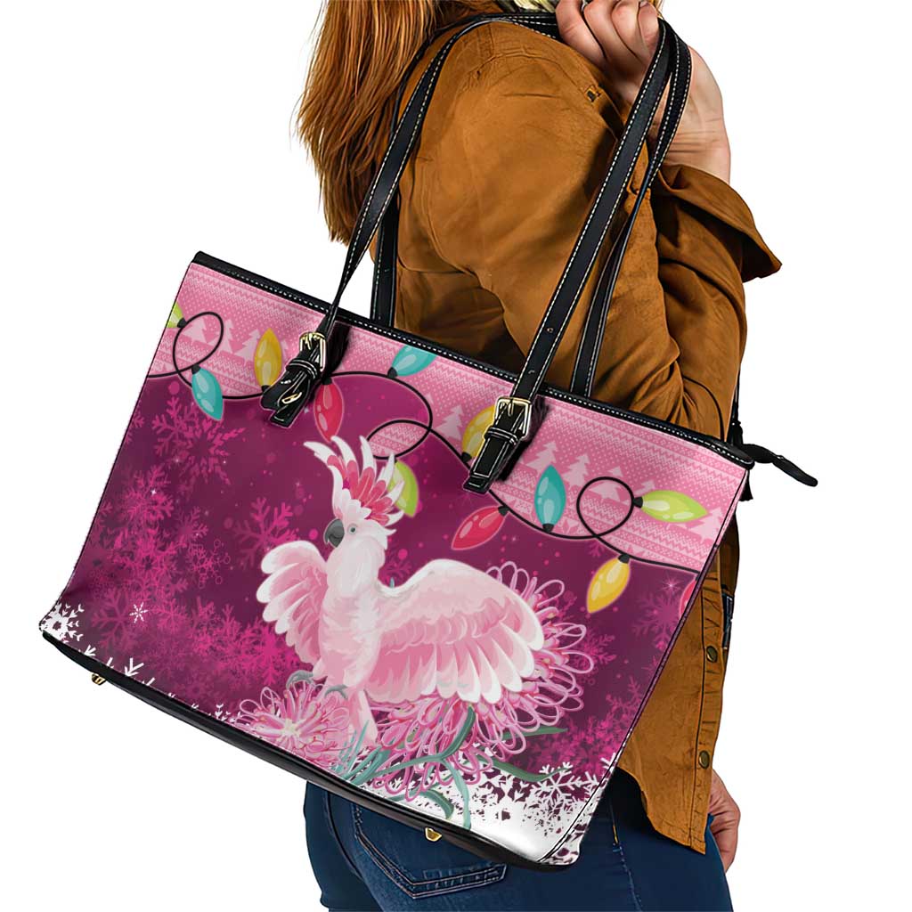 Pink Cockatoo Australia Christmas Leather Tote Bag Grevillea Eucalyptus Blossoms - Aussie Hoodie
