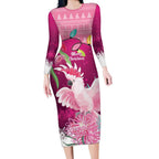 Pink Cockatoo Australia Christmas Long Sleeve Bodycon Dress Grevillea Eucalyptus Blossoms - Aussie Hoodie