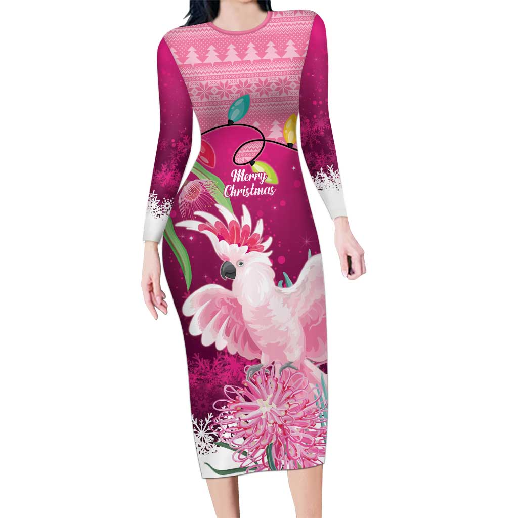 Pink Cockatoo Australia Christmas Long Sleeve Bodycon Dress Grevillea Eucalyptus Blossoms - Aussie Hoodie