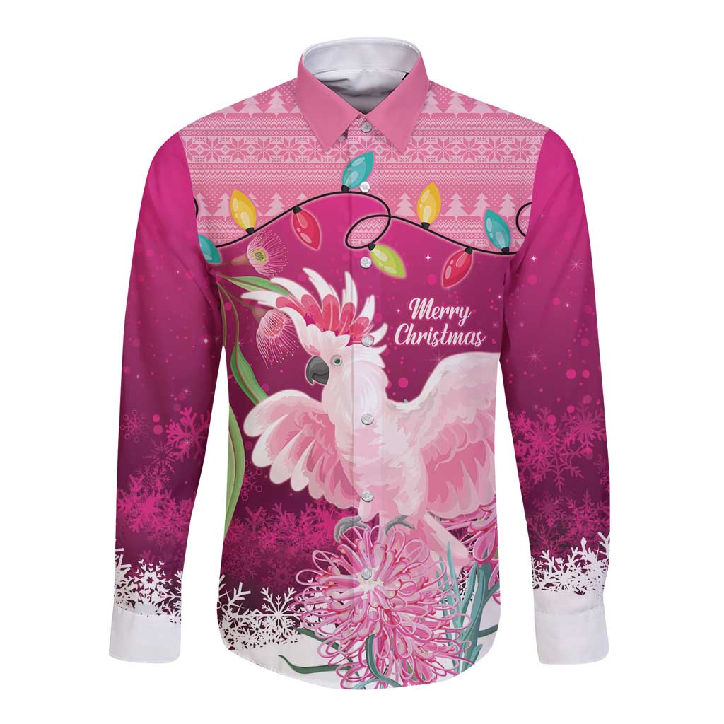 Pink Cockatoo Australia Christmas Long Sleeve Button Shirt Grevillea Eucalyptus Blossoms - Aussie Hoodie