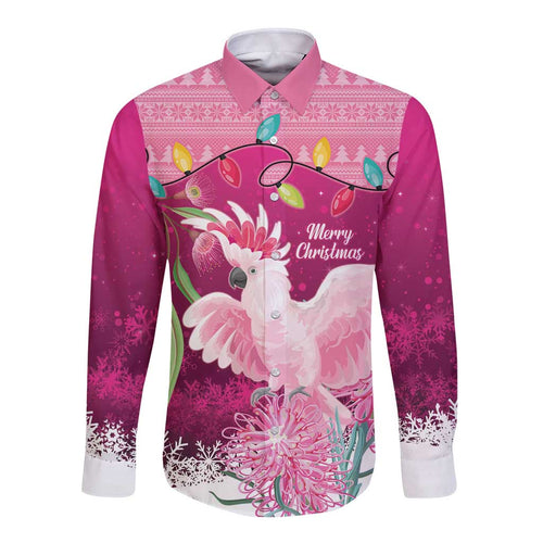 Pink Cockatoo Australia Christmas Long Sleeve Button Shirt Grevillea Eucalyptus Blossoms - Aussie Hoodie