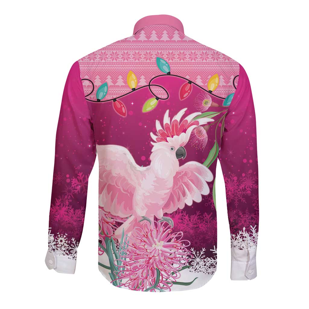 Pink Cockatoo Australia Christmas Long Sleeve Button Shirt Grevillea Eucalyptus Blossoms - Aussie Hoodie
