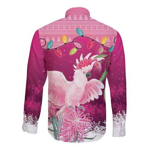 Pink Cockatoo Australia Christmas Long Sleeve Button Shirt Grevillea Eucalyptus Blossoms - Aussie Hoodie
