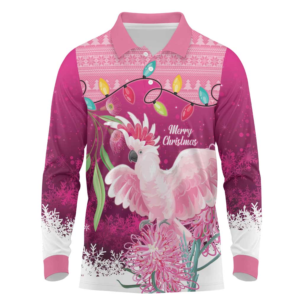 Pink Cockatoo Australia Christmas Long Sleeve Polo Shirt Grevillea Eucalyptus Blossoms - Aussie Hoodie