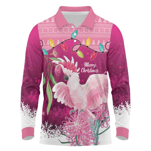Pink Cockatoo Australia Christmas Long Sleeve Polo Shirt Grevillea Eucalyptus Blossoms - Aussie Hoodie