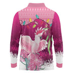Pink Cockatoo Australia Christmas Long Sleeve Polo Shirt Grevillea Eucalyptus Blossoms - Aussie Hoodie