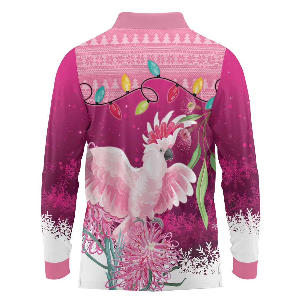 Pink Cockatoo Australia Christmas Long Sleeve Polo Shirt Grevillea Eucalyptus Blossoms - Aussie Hoodie