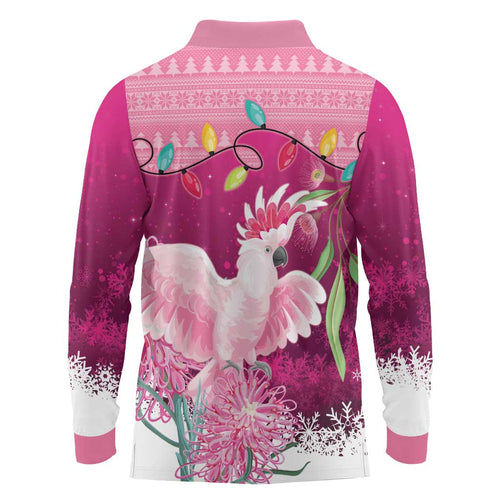 Pink Cockatoo Australia Christmas Long Sleeve Polo Shirt Grevillea Eucalyptus Blossoms - Aussie Hoodie