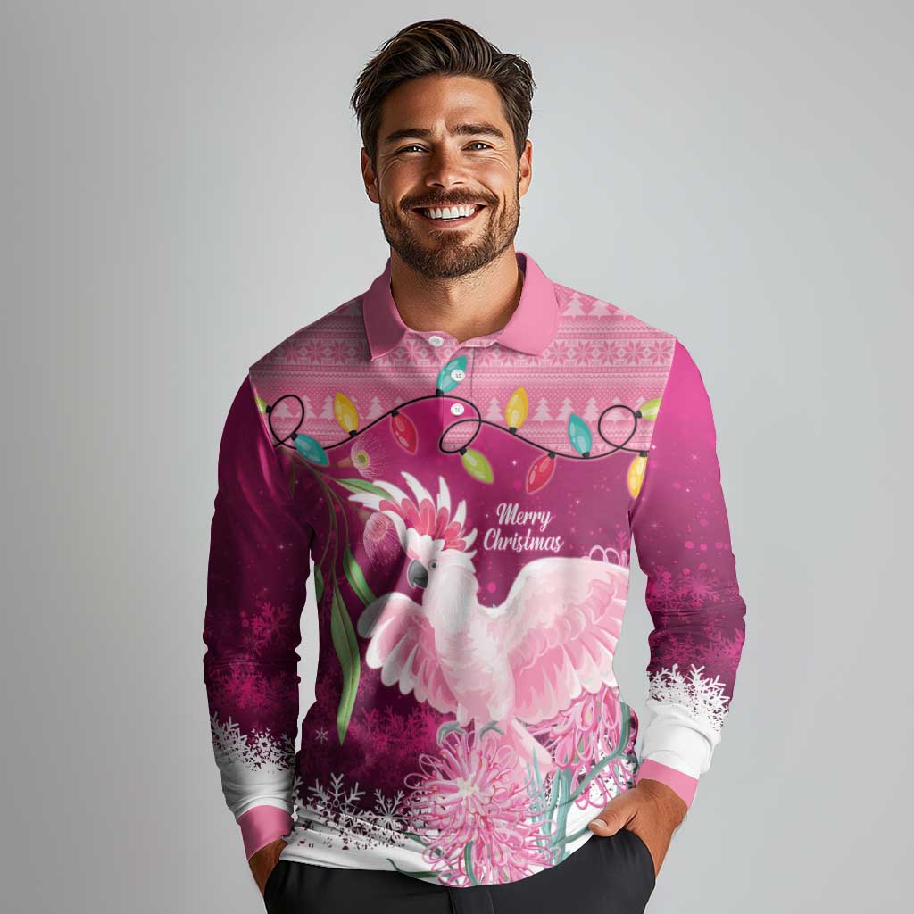 Pink Cockatoo Australia Christmas Long Sleeve Polo Shirt Grevillea Eucalyptus Blossoms - Aussie Hoodie