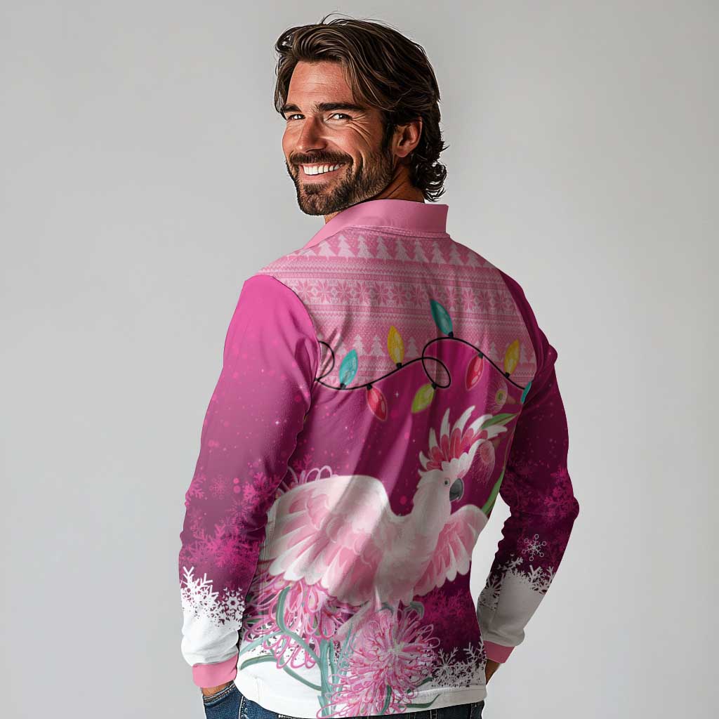 Pink Cockatoo Australia Christmas Long Sleeve Polo Shirt Grevillea Eucalyptus Blossoms - Aussie Hoodie