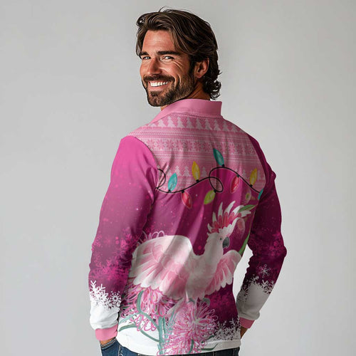 Pink Cockatoo Australia Christmas Long Sleeve Polo Shirt Grevillea Eucalyptus Blossoms - Aussie Hoodie