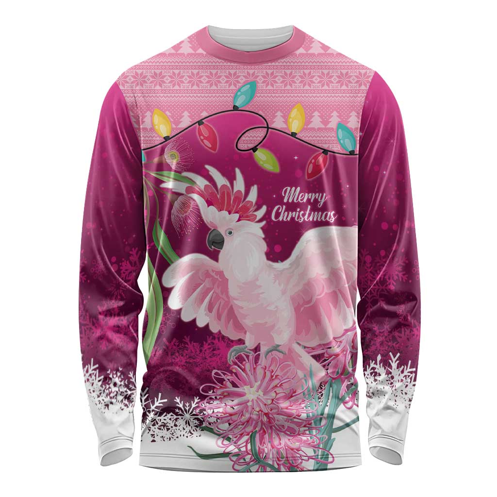 Pink Cockatoo Australia Christmas Long Sleeve Shirt Grevillea Eucalyptus Blossoms - Aussie Hoodie