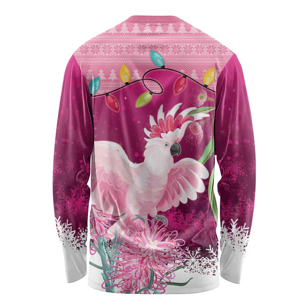 Pink Cockatoo Australia Christmas Long Sleeve Shirt Grevillea Eucalyptus Blossoms - Aussie Hoodie