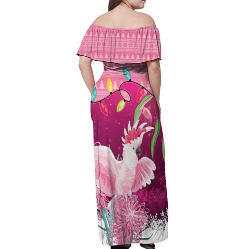 Pink Cockatoo Australia Christmas Off Shoulder Maxi Dress Grevillea Eucalyptus Blossoms - Aussie Hoodie