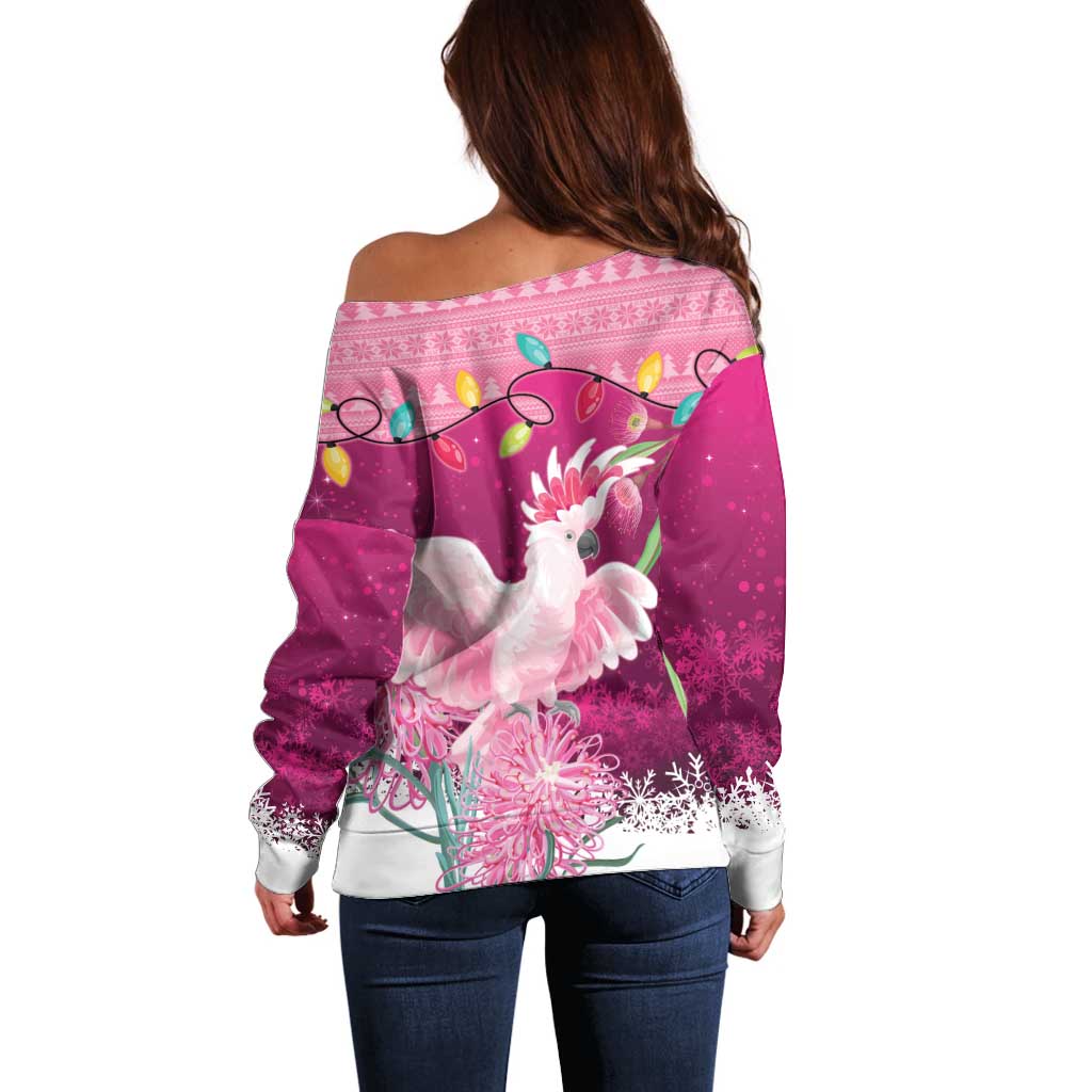 Pink Cockatoo Australia Christmas Off Shoulder Sweater Grevillea Eucalyptus Blossoms - Aussie Hoodie