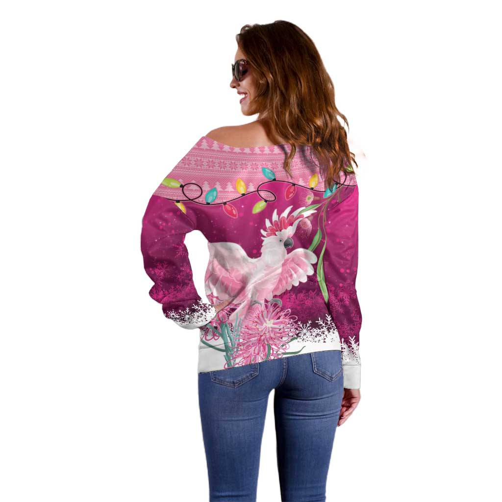 Pink Cockatoo Australia Christmas Off Shoulder Sweater Grevillea Eucalyptus Blossoms - Aussie Hoodie