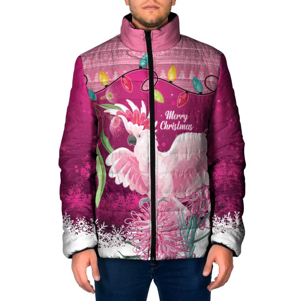 Pink Cockatoo Australia Christmas Padded Jacket Grevillea Eucalyptus Blossoms - Aussie Hoodie