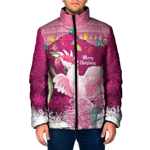 Pink Cockatoo Australia Christmas Padded Jacket Grevillea Eucalyptus Blossoms - Aussie Hoodie