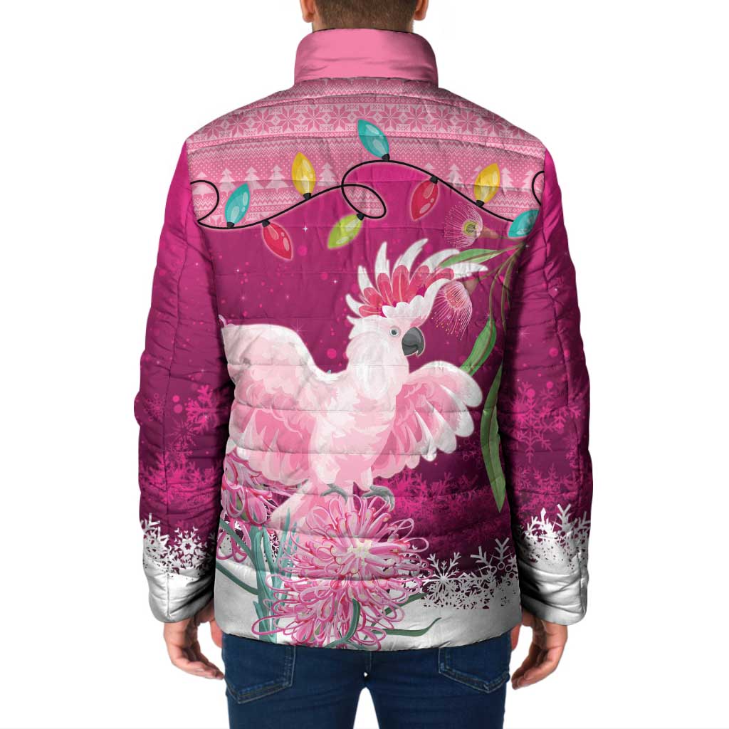 Pink Cockatoo Australia Christmas Padded Jacket Grevillea Eucalyptus Blossoms - Aussie Hoodie