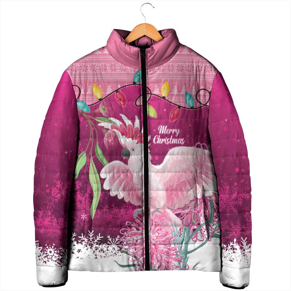 Pink Cockatoo Australia Christmas Padded Jacket Grevillea Eucalyptus Blossoms - Aussie Hoodie