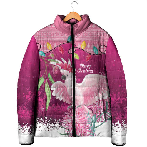 Pink Cockatoo Australia Christmas Padded Jacket Grevillea Eucalyptus Blossoms - Aussie Hoodie