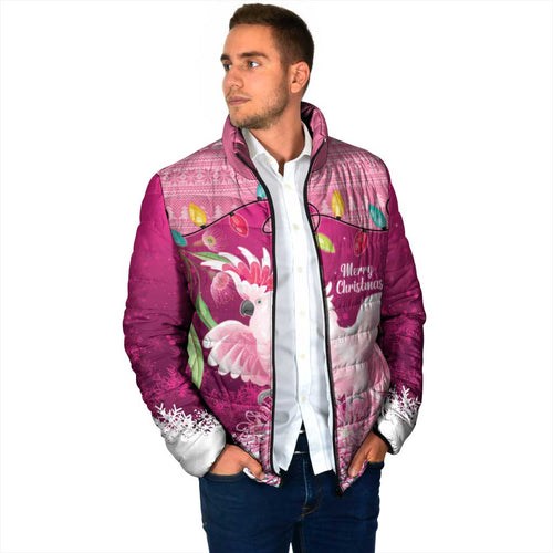 Pink Cockatoo Australia Christmas Padded Jacket Grevillea Eucalyptus Blossoms - Aussie Hoodie