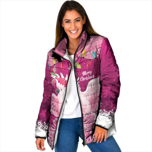Pink Cockatoo Australia Christmas Padded Jacket Grevillea Eucalyptus Blossoms - Aussie Hoodie