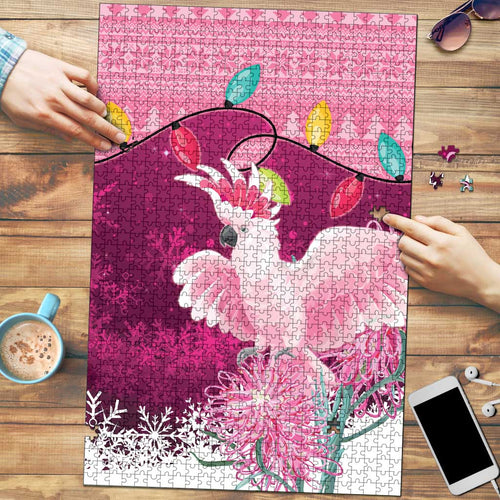 Pink Cockatoo Australia Christmas Puzzle Grevillea Eucalyptus Blossoms - Aussie Hoodie