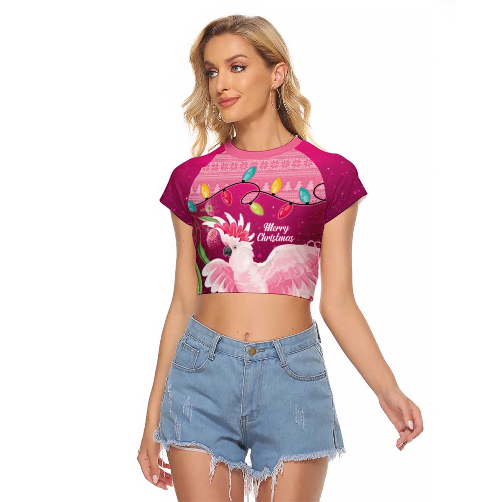 Pink Cockatoo Australia Christmas Raglan Cropped T Shirt Grevillea Eucalyptus Blossoms - Aussie Hoodie
