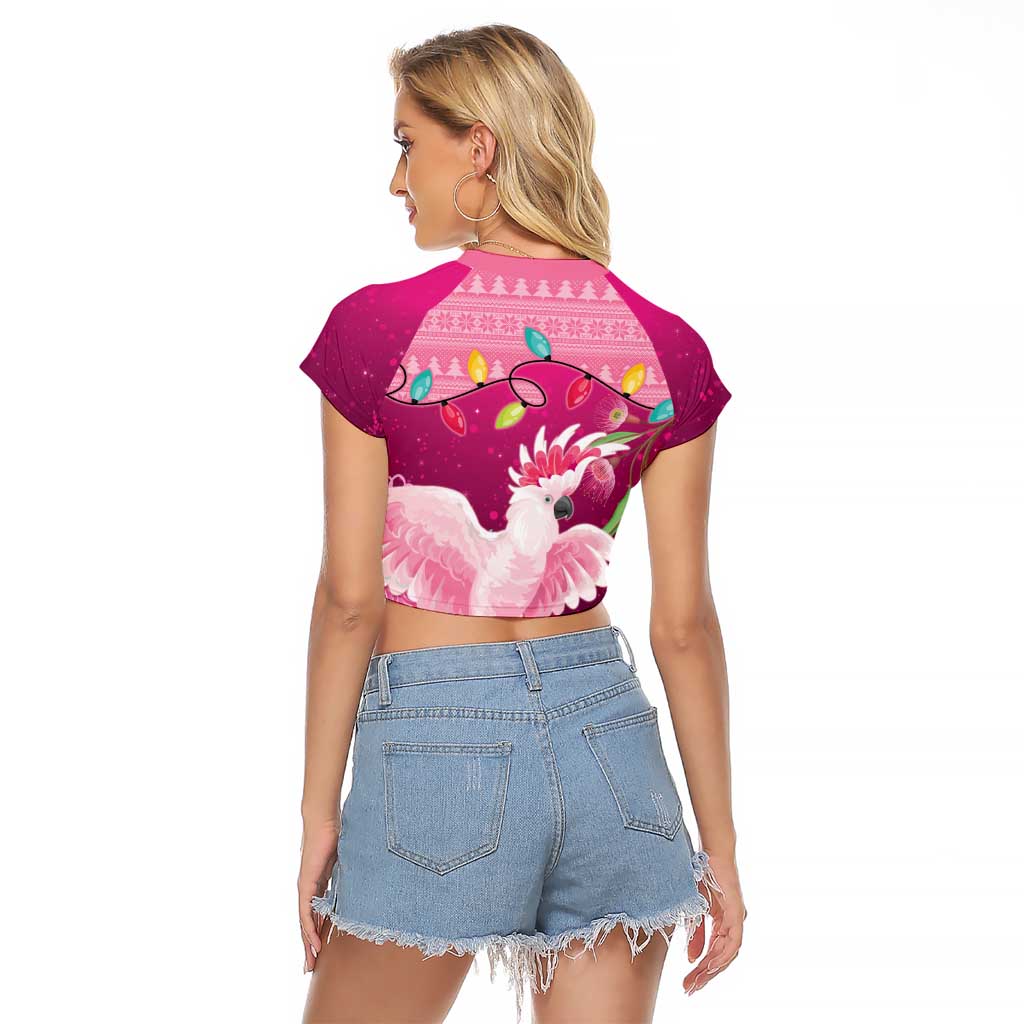 Pink Cockatoo Australia Christmas Raglan Cropped T Shirt Grevillea Eucalyptus Blossoms - Aussie Hoodie